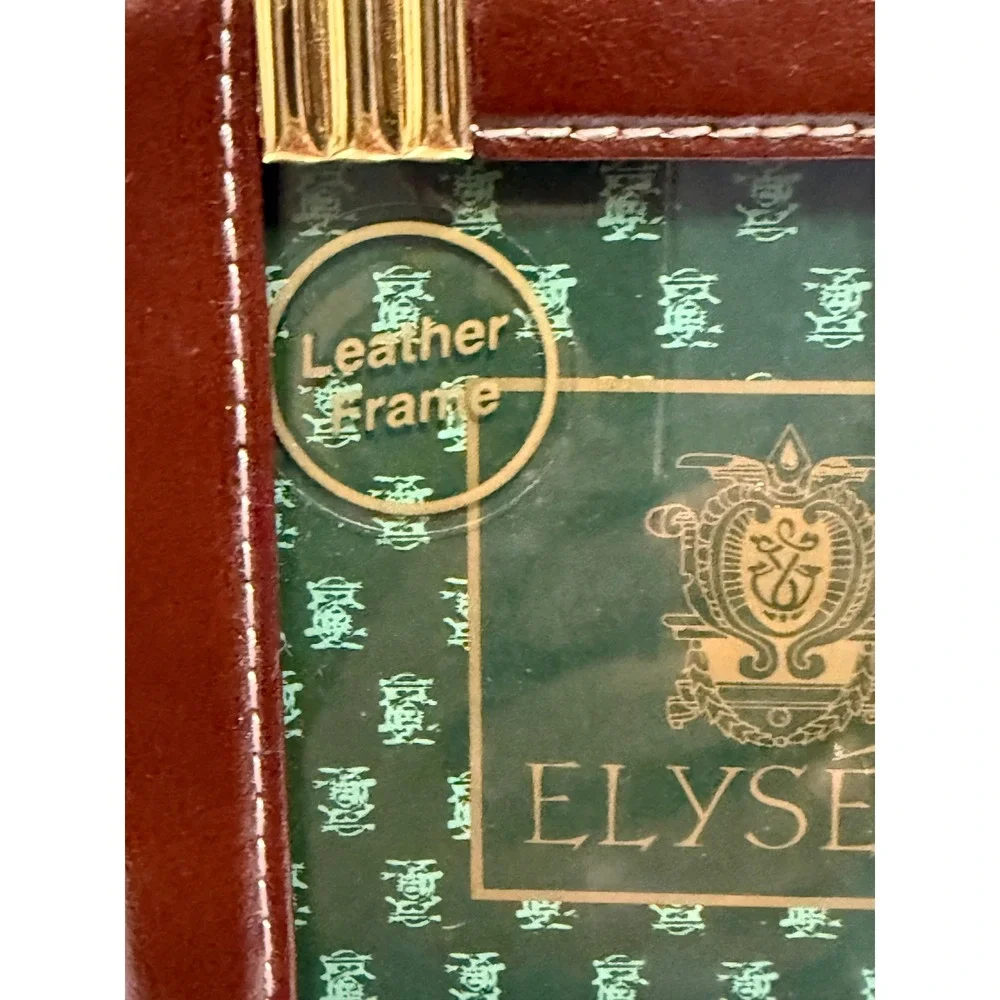 Vintage ELYSEES Brown Leather 4x6 Picture Frame Gold Tone Desk Hallmark NOS